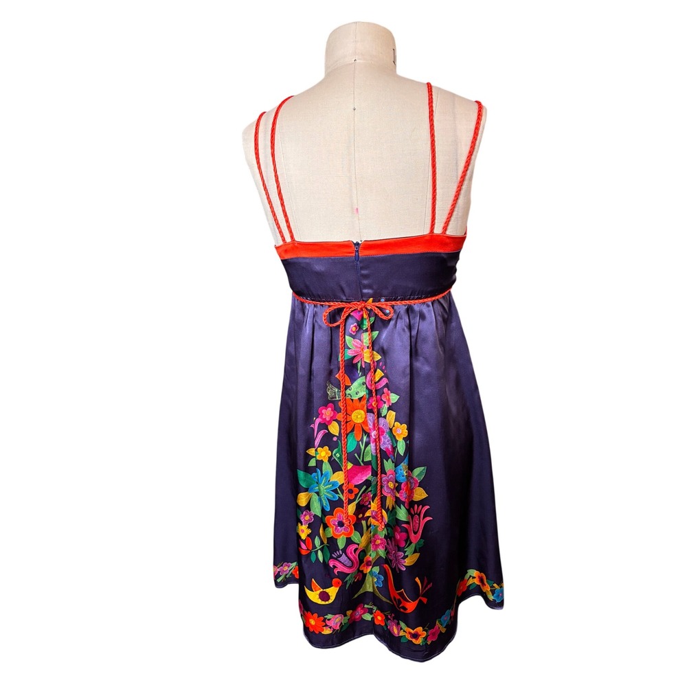 Boho Floral Voom Joy Han 100% Silk Empire Waist Mini Dress S Navy Blue Vintage - Picture 6 of 12